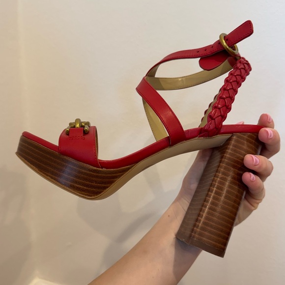 Michael Kors Women Red Kailey Leather Braided Strap Chunky Platform Heels Size 8 - Picture 7 of 15